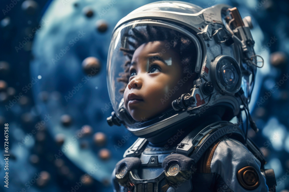 Generative AI image of an ethnic African American baby astronaut with afro hairstyle wearing Extravehicular Mobility Unit and helmet walking in outer space against spaceship Generative AI image of an ethnic African American baby astronaut with afro hairstyle wearing Extravehicular Mobility Unit and helmet walking in outer space against spaceship
