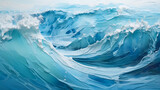 Ocean water wave, aqua, teal abstract texture. Blue and white sea wave banner background for vacation on tropical ocean beach. Marine wave art abstraction backdrop, wavy water illustration copy space.