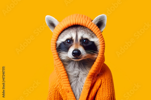 Generative AI illustration of captivating raccoon wrapped in an orange hoodie peering intently from a bright yellow background photo
