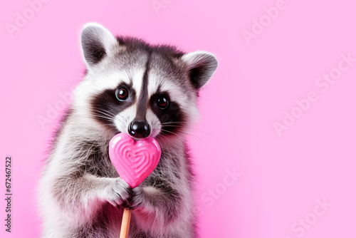 Generative AI illustration of charming raccoon holds a pink heart shaped lollipop against a pastel pink background photo