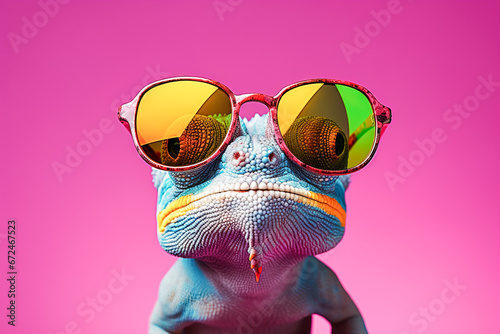 Generative AI illustration of vibrant chameleon flaunts rainbow hued mirrored sunglasses against a lively pink background photo