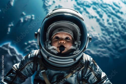Generative AI image of a little cute baby wearing Extravehicular Mobility Unit and helmet walking in outer space against planet photo