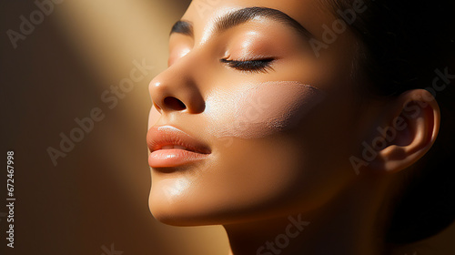 Close-up of woman applying foundation on cheeks