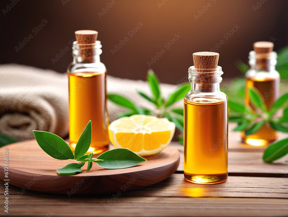 Essential oil with lemon and sage leaves on a wooden table Essential oil with lemon and sage leaves on a wooden table
