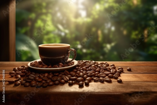 Coffee cup and coffee beans on wooden table. Warm morning dawn sun light commercial with bokeh background