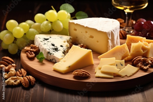 Cheese plate with grapes, nuts and white wine on wooden background