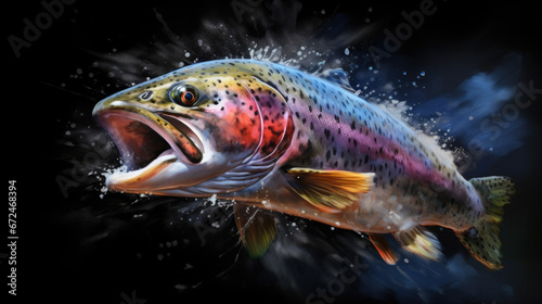 Colorful trout fish emerges with splash on dark background. Wildlife and nature art.