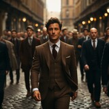 a man in a suit walking down a street with a crowd of men