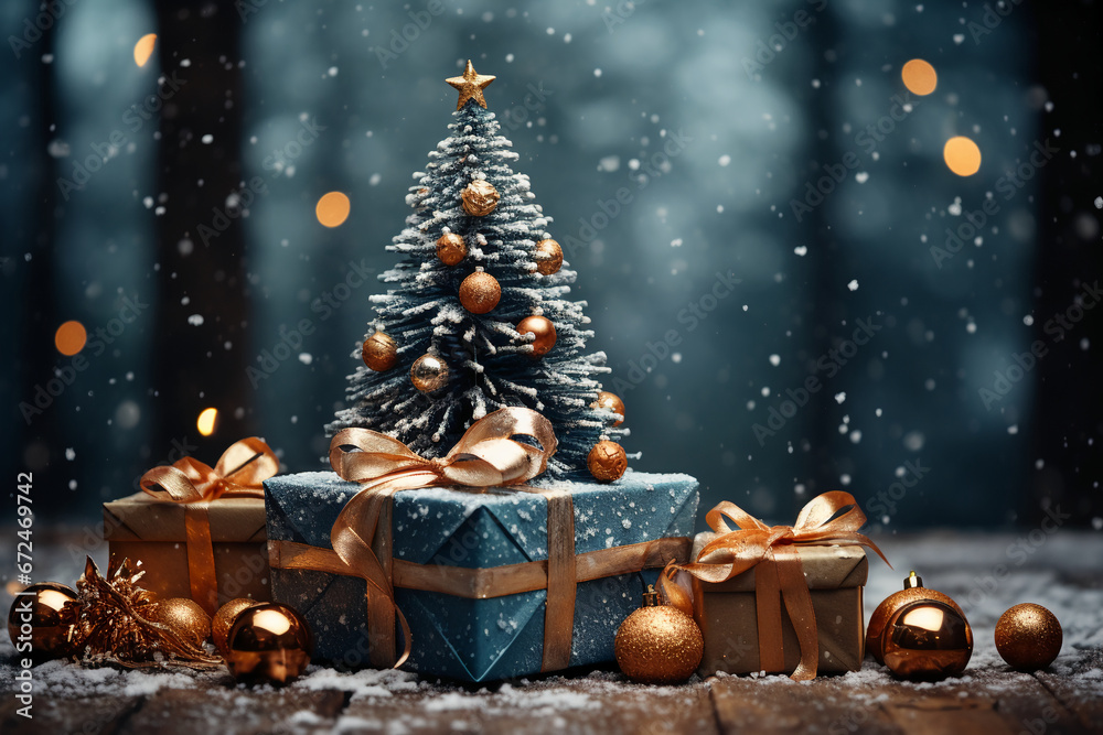 Christmas tree with gifts under snowfall. AI generative
