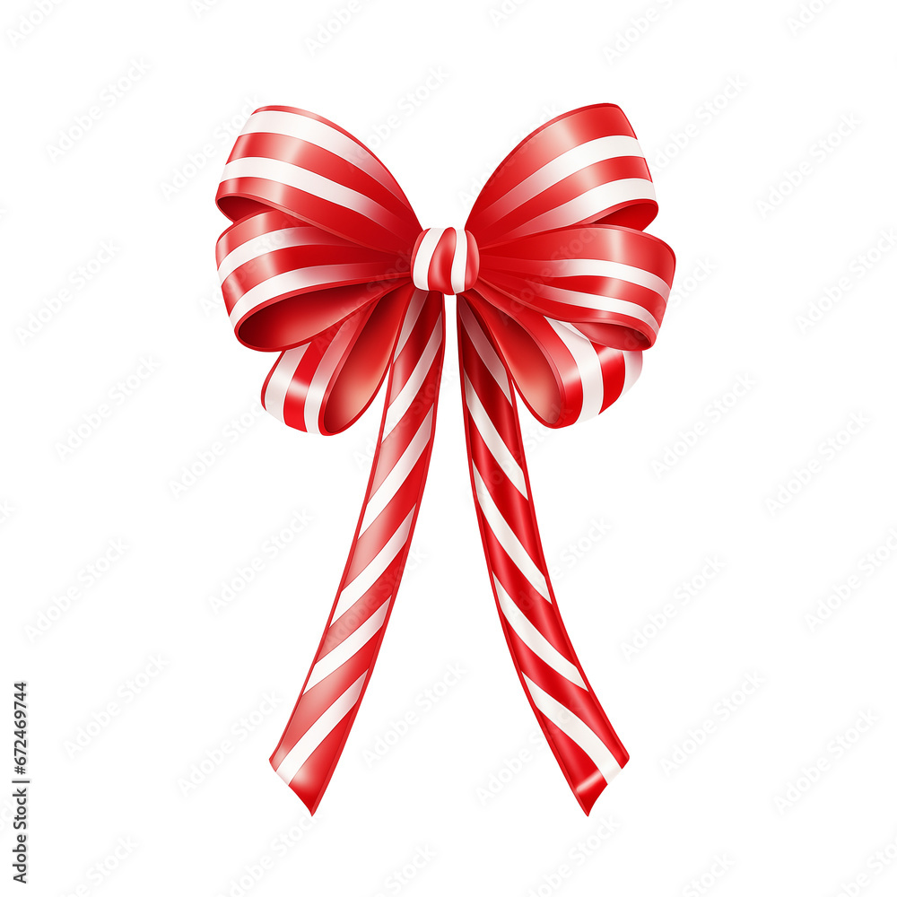 christmas red and white ribbon bow made of candy cane isolated on transparent background