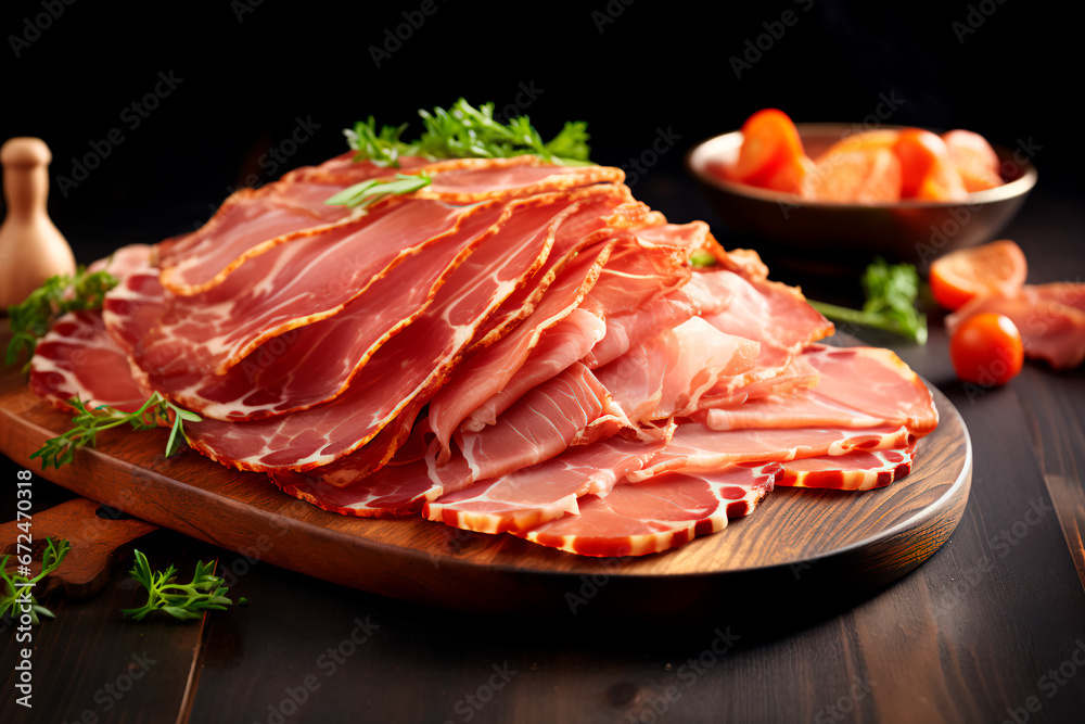 Wooden board beautifully presented with a variety of delicious ham slices

