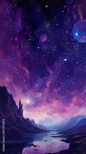large purple starscape with sparse shooting stars. AI generative