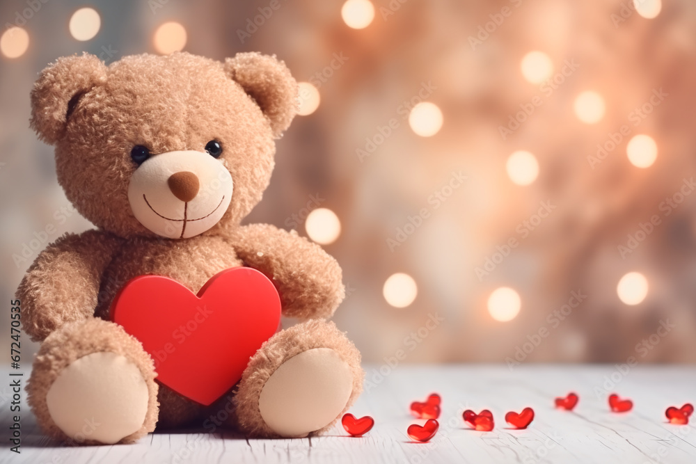 Teddy bear lovingly clutches a red heart, epitomizing Valentine's Day concept. Teddy bear lovingly clutches a red heart, epitomizing Valentine's Day concept.