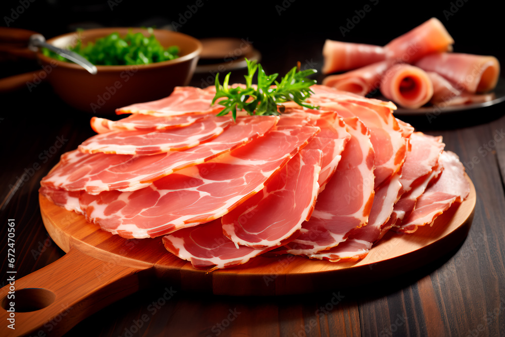 Wooden board beautifully presented with a variety of delicious ham slices

