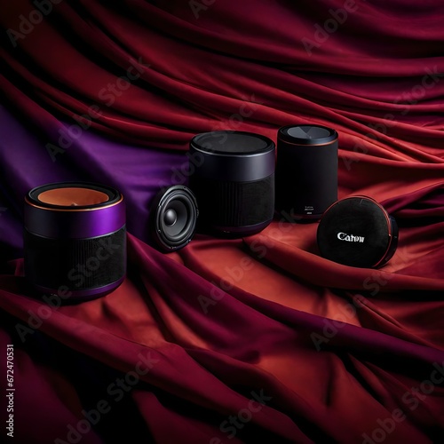 Photo of a hyper-realistic 16k background render of a red, purple and ornage fabric texture, Funktion-One Speakers Sound System taken on a Canon EOS 5D Mark IV, using an EF 70-200mm f/2.8L IS III USM  photo