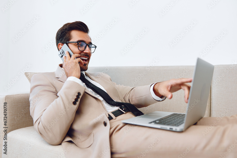 Man talk laptop phone office businessman Man talk laptop phone office businessman
