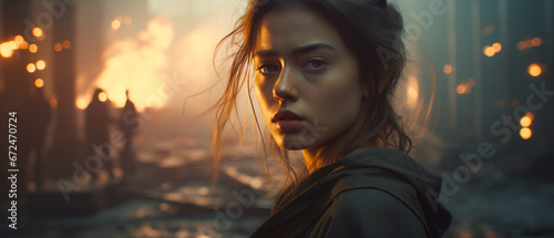 In the style of a panoramic movie still. Young woman protagonist in a post-apocalypic landscape. Diesel punk fashion.