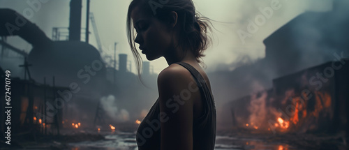 In the style of a panoramic movie still. Young woman protagonist in a post-apocalypic landscape. Diesel punk fashion. photo