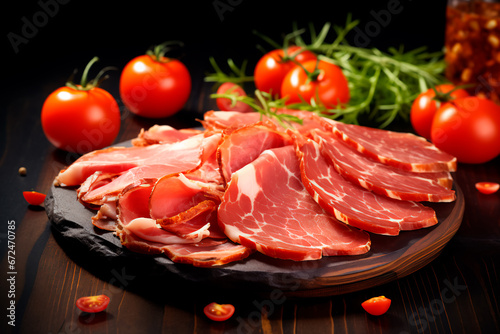 Wooden board beautifully presented with a variety of delicious ham slices