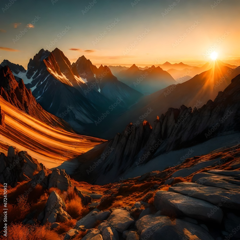 A Mesmerizing Sunrise Over the Majestic Mountains, Where the First Rays of Dawn Illuminate the Rugged Peaks, Casting a Golden Glow Across the Vast Horizon, Inviting the Soul to Embrace the Promise 