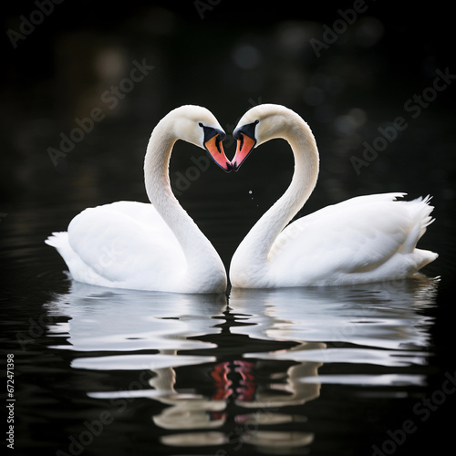 Graceful White Swan Couple Forming Heart Shape on a Serene Dark Lake Symbolizing Love and Elegance in Wildlife Photography