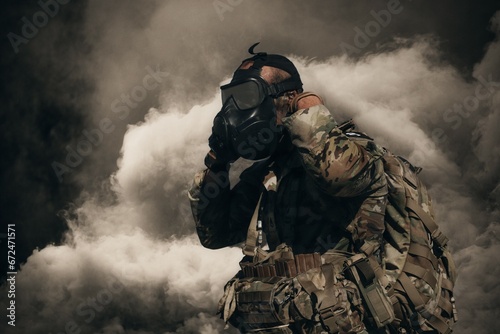 Special forces and military soldiers between smoke and gas in battlefield