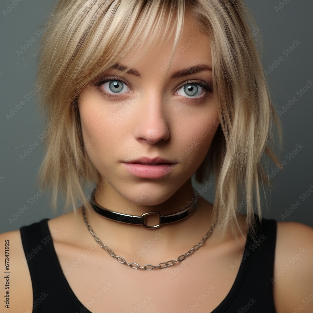 a woman with blonde hair wearing a black shirt and a choker