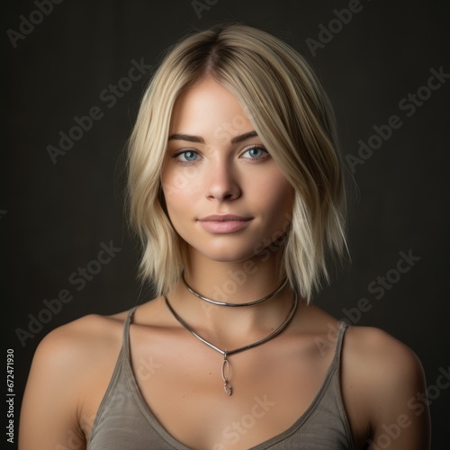a woman with blonde hair wearing a necklace