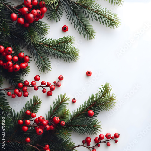 Red Berries and Spruce Branches on White Background with Space for Text