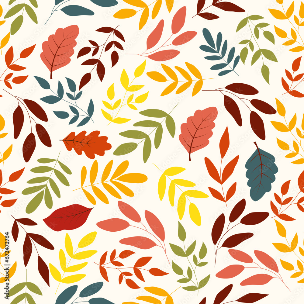 Autumn seamless pattern with leaves branches. Botanical autumn background. Vector illustration
