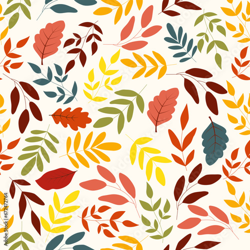 Autumn seamless pattern with leaves branches. Botanical autumn background. Vector illustration