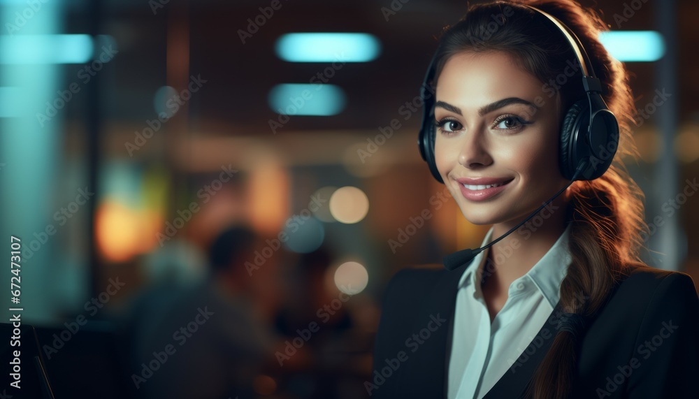 Close up portrait of happy smiling female woman. call center, customer support phone operator at workplace.
