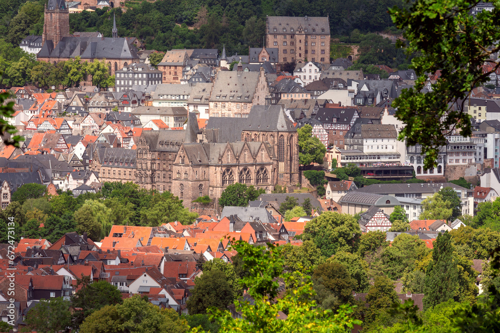 View of the castle on the mountain in the city of Marburg on a sunny summer morning.