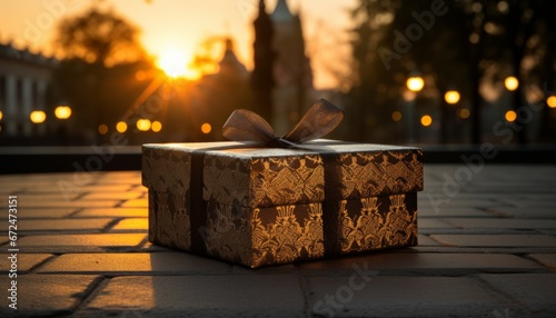 Close up macro empty historical gift box at sunrise ultra realistic photography. © Bold24