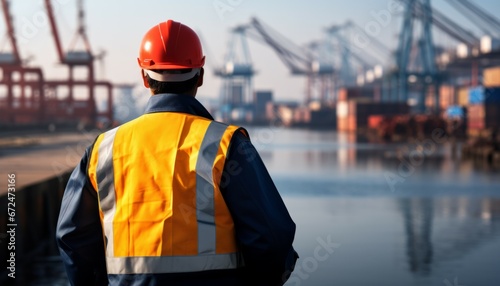 A modern large factory with containers in the background, one worker with a hard hat on their head with his arms folded confidently looking at us and smiling