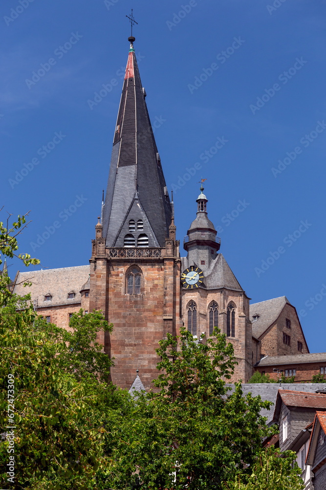 View of the castle on the mountain in the city of Marburg on a sunny summer morning.