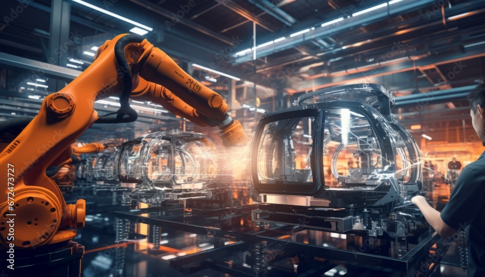 Smart factory industry with machinery and robotics in a futuristic atmosphere. Innovation, engineering and interconnected tech systems