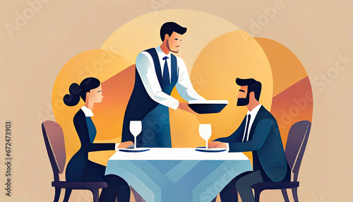 Ilustração minimalista de garçom servindo uma mesa de jantar em um restaurante intimista com um homem e uma mulher sentados photo