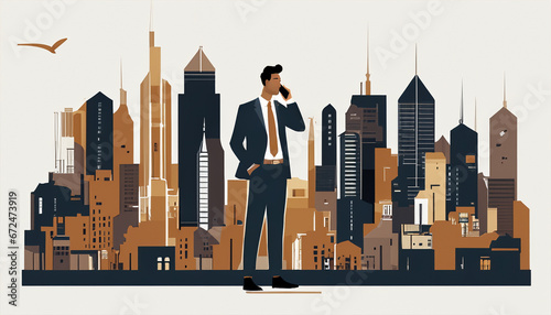 Ilustração minimalista de homem de negócios de terno e gravata segurando um celular com cidade moderna ao fundo. Executivo de sucesso, postura motivadora.