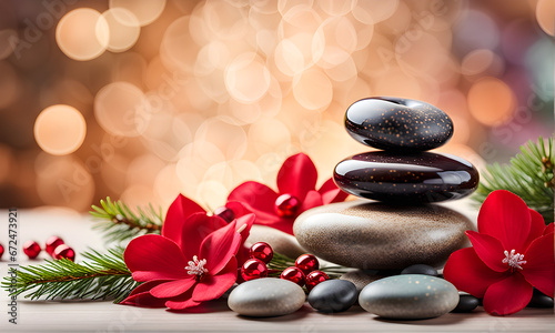 Christmas zen stones and flowers  bokeh background  holiday spa package