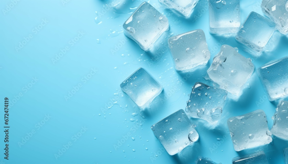 Top above overhead close up macro view ice cubes and water drops on blue background with copy empty blank space for text Top above overhead close up macro view ice cubes and water drops on blue background with copy empty blank space for text