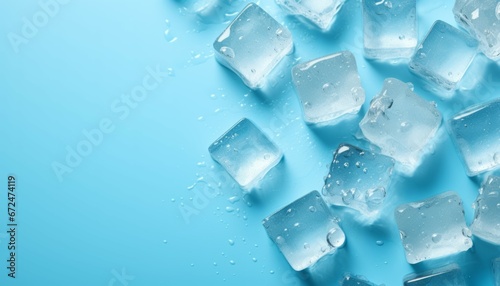 Top above overhead close up macro view ice cubes and water drops on blue background with copy empty blank space for text