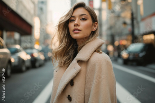 Captivating urban fashion: beautiful stylish blonde woman in coat looking dreamily outdoors in Tokyo city © anandart