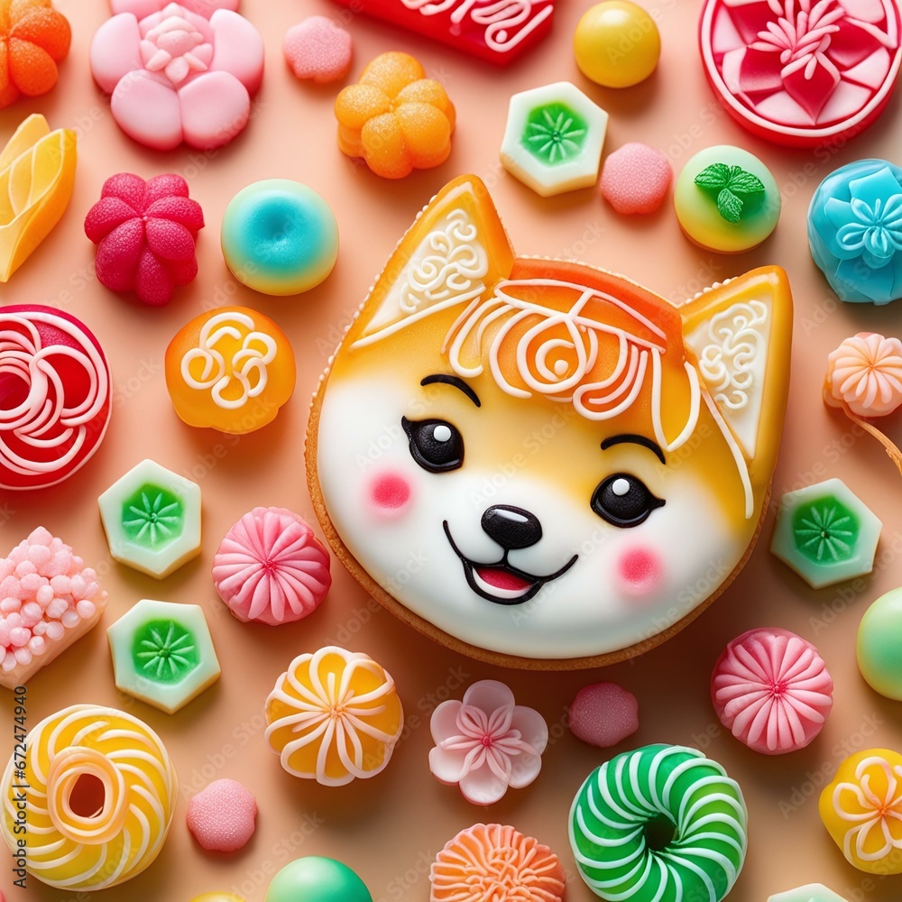 Shiba Inu Delight: Decorative Cake with Colorful Sweets and Festive Details