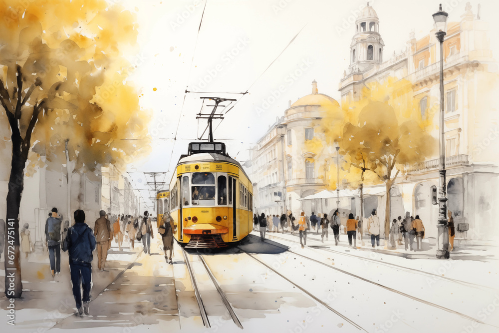 life drawing of a Lisboa, streets, yellow tranvia, walking people, monochrome watercolor - obrazy, fototapety, plakaty 