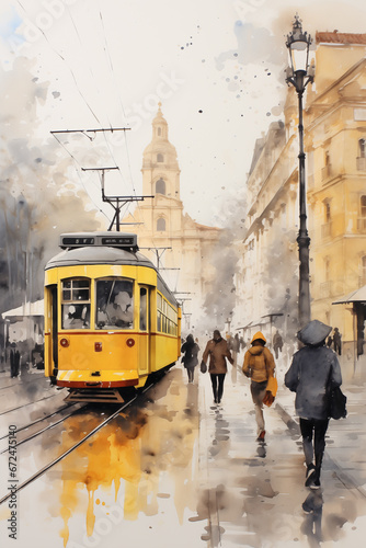 life drawing of a Lisboa, streets, yellow tranvia, walking people, monochrome watercolor