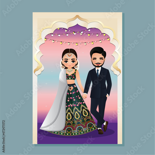  Wedding invitation card the bride and groom cute couple in traditional indian dress cartoon character