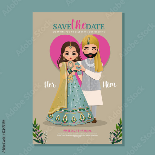  Wedding invitation card the bride and groom cute couple in traditional indian dress cartoon character