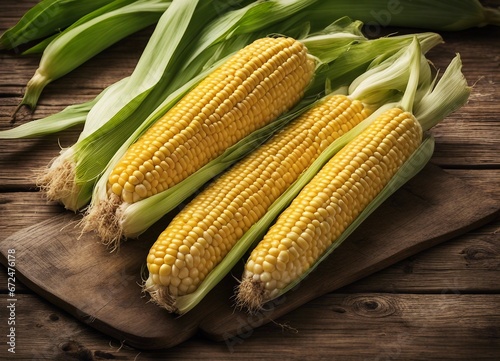 Fresh corn on the cob on a wooden background