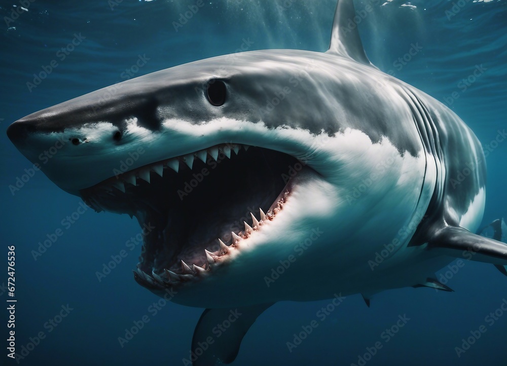 Naklejka premium Great white shark attacks just underwater surface. Wild angry shark jaw